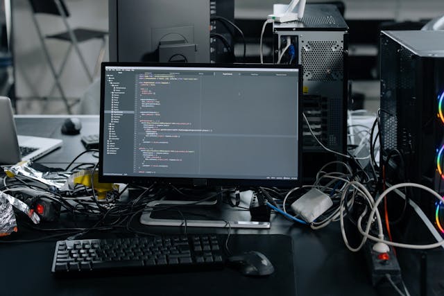 Primer plano de un monitor de ordenador negro en un escritorio desordenado con cables, teclados y ratones. La pantalla muestra líneas de código fuente en un editor de texto con fondo oscuro. A la derecha, se ve una torre de ordenador negra con ventiladores iluminados por LEDs de colores. La imagen evoca el desarrollo técnico de un SGA software de gestión de almacén características.